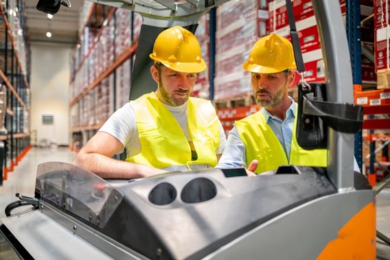 Tuev Nord Gabelstapler Ausbildung Zwei Personen in gelben Sicherheitswesten und Schutzhelmen stehen in einem Lagerhaus neben einem Gabelstapler. Sie sind in ein Gespräch vertieft, während sie die Umgebung im Lager betrachten.