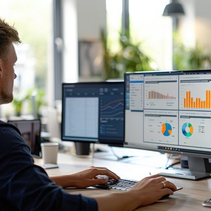 Mann analysiert Daten auf zwei Monitoren mit Diagrammen und Statistiken in einem modernen Büro.