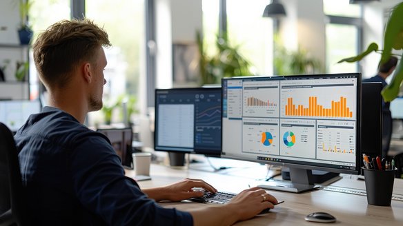 Mann analysiert Daten auf zwei Monitoren mit Diagrammen und Statistiken in einem modernen Büro.