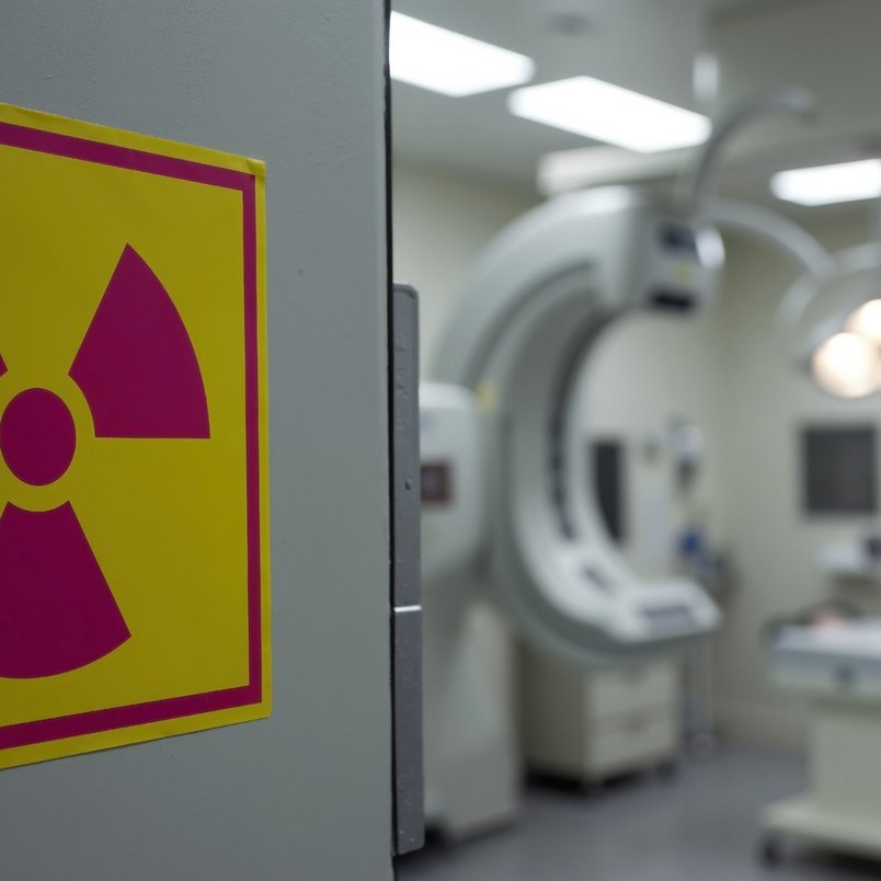 Warnschild für ionisierende Strahlung an der Tür eines medizinischen Röntgenraums