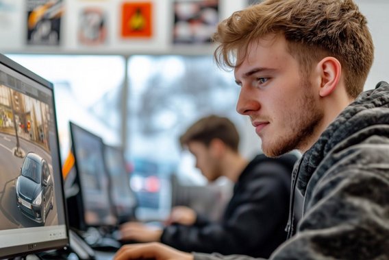 Fahrschüler beantwortet theoretische Führerschein-Fragen am PC