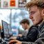 Theoretische Führerscheinprüfung am Computer Fahrschüler beantwortet theoretische Führerschein-Fragen am PC