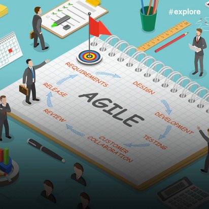 Eine isometrische Illustration zeigt ein großes Notizbuch mit "AGILE" im Zentrum, umgeben von agilen Entwicklungsbegriffen wie Requirements, Design, Development und Testing. Geschäftsleute, Büroartikel, eine startende Rakete und Zahnräder symbolisieren moderne Projektmanagement- und Entwicklungsmethoden.