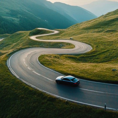 Fahrzeug auf kurvenreicher Bergstraße – Mobilität und Fahrzeugtechnik mit TÜV NORD IFM Pkw fährt auf einer kurvenreichen Bergstraße durch grüne Hügellandschaft – Symbol für sichere und regelkonforme Mobilität