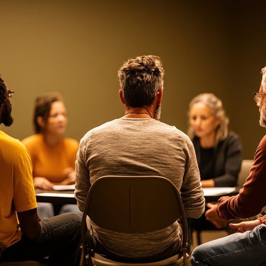 Teilnehmer eines Deeskalationstrainings sitzen in einem Kreis und diskutieren Strategien zur Konfliktlösung.