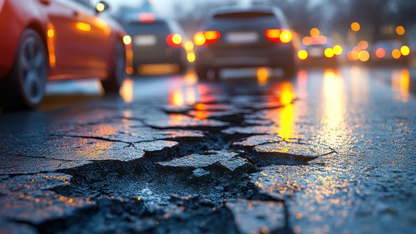 Schlagloch auf einer stark befahrenen Straße bei Nacht