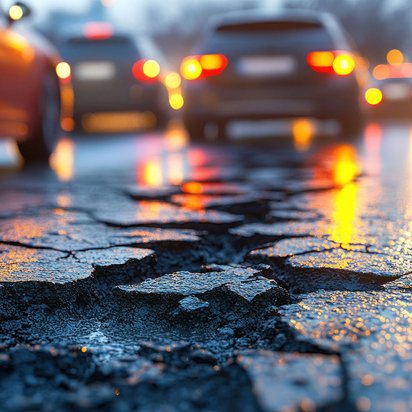 Schlagloch auf stark befahrener Straße Schlagloch auf einer stark befahrenen Straße bei Nacht