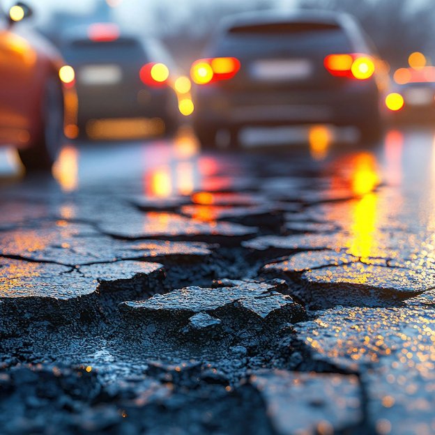 Schlagloch auf einer stark befahrenen Straße bei Nacht