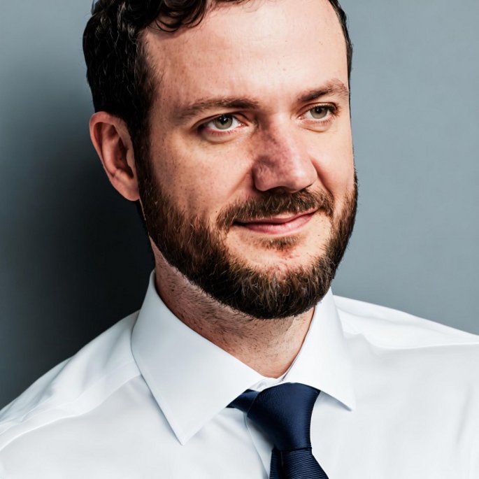 Nahaufnahme von Dr. Timo Bartkewitz in weißem Hemd und blauer Krawatte vor einem grauen Hintergrund.