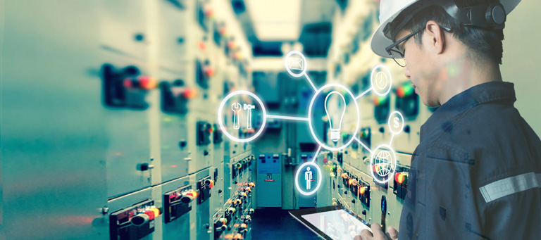 Double exposure of Engineer or Technician man using tablet in switch gear electrical room oil and gas platform or plant industrial with tools icon, business and electrical industry concept